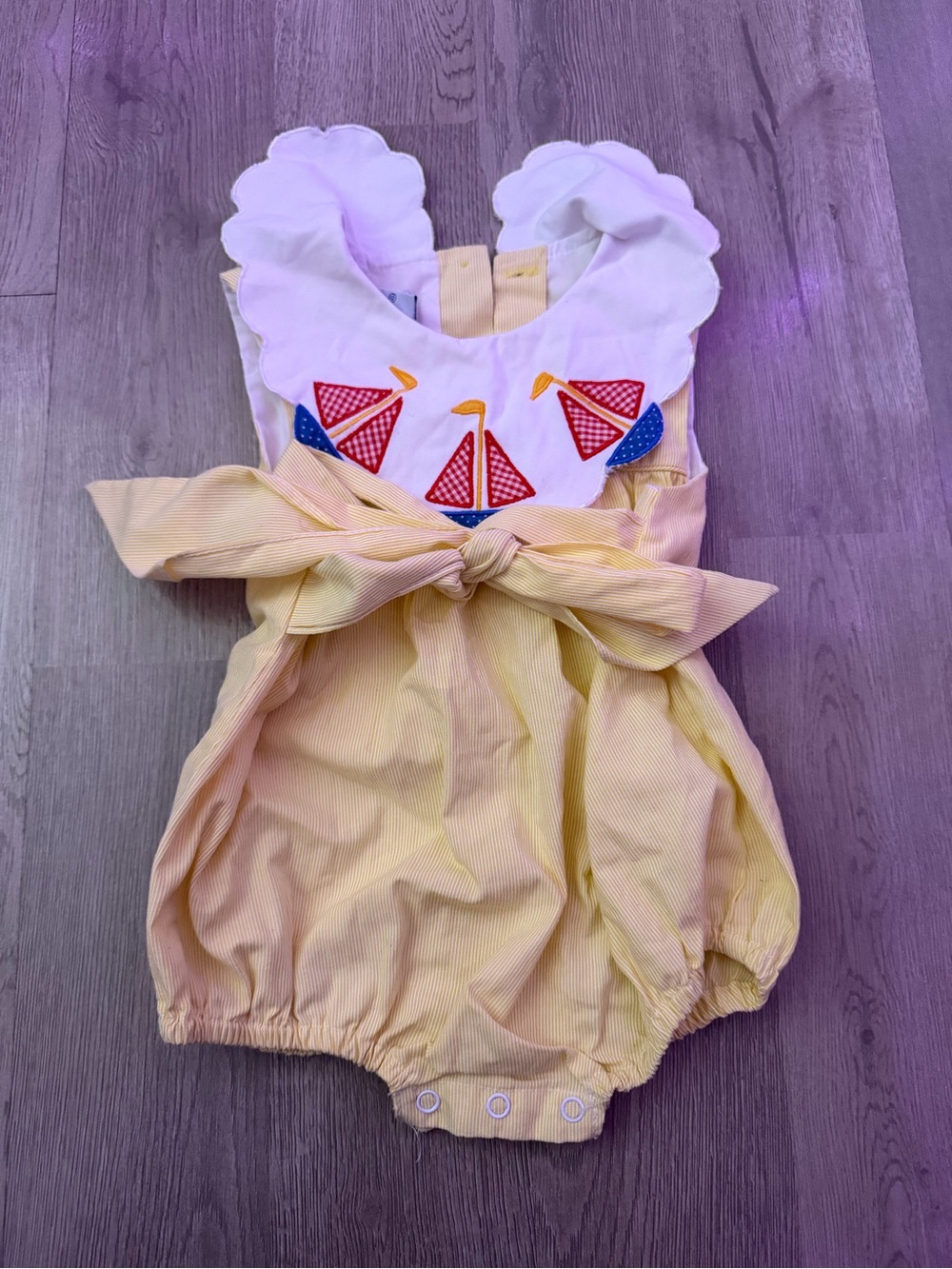 Vintage Yellow Baby Bubble Romper with Red & Blue Sailboat Appliqué